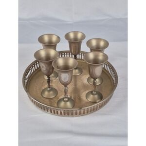 Vintage India Brass Plated Cordial Goblet Set 6 Tray Barware Serving Decor